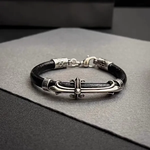 Chrome Hearts Fleur-de-Lis Leather Bracelet Black Silver - 1