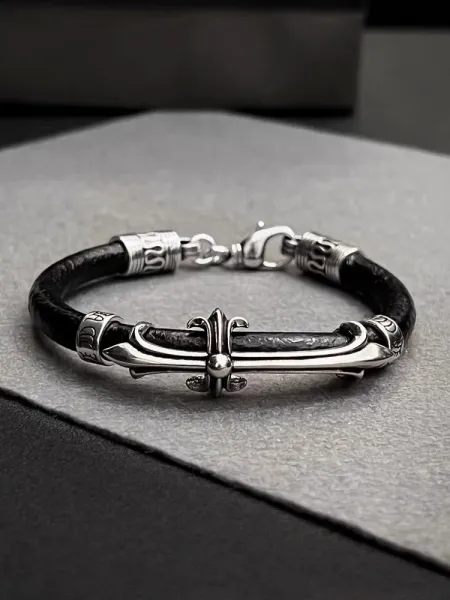 Chrome Hearts Fleur-de-Lis Leather Bracelet Black Silver Jewelry - 2