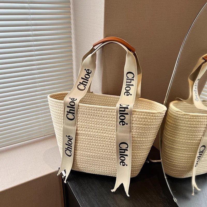 Chloé Woven Tote Bag with Logo Ribbon Strap Beige Handbag