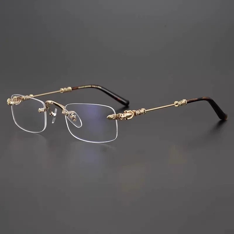 Design Rimless Optical Glasses with Gold Filigree and Tortoiseshell Temples Eyewear - 2