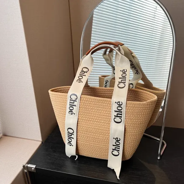 Chloé Woven Straw Bucket Bag with Logo Ribbon Handles Beige Handbag - 1