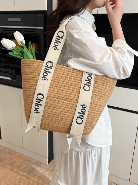 Chloé Woven Straw Bucket Bag with Logo Ribbon Handles Beige Handbag - 2