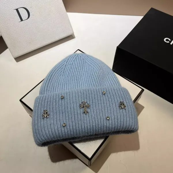 Chrome Hearts Knit Beanie with Cross Studs Light Blue Beanie Hats - 1