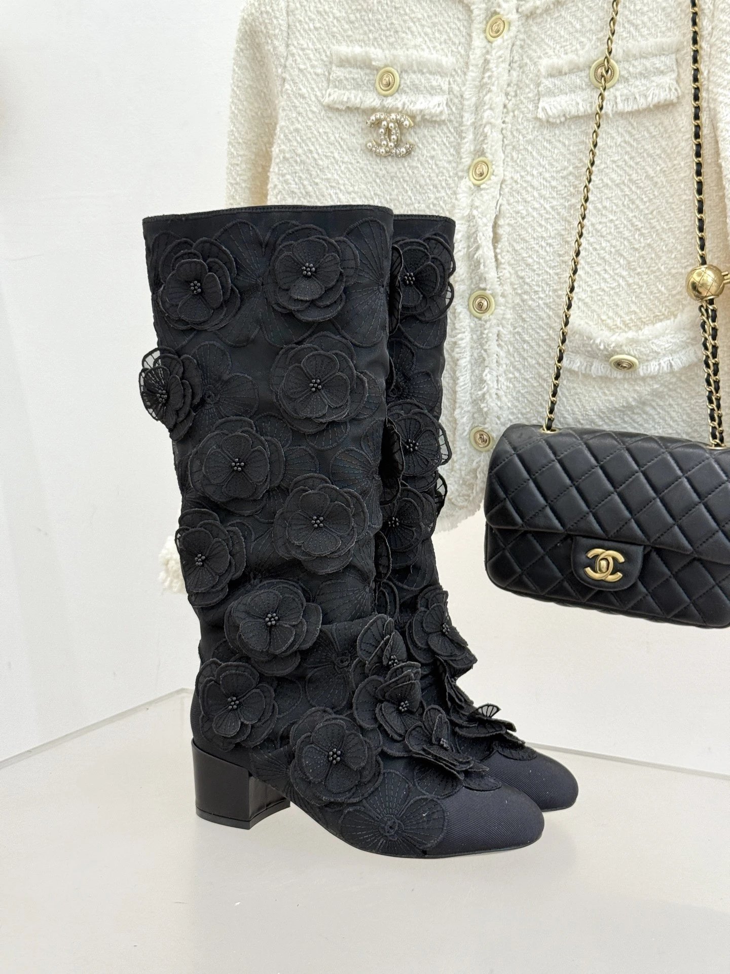 Chanel Floral Embroidered Knee-High Boots