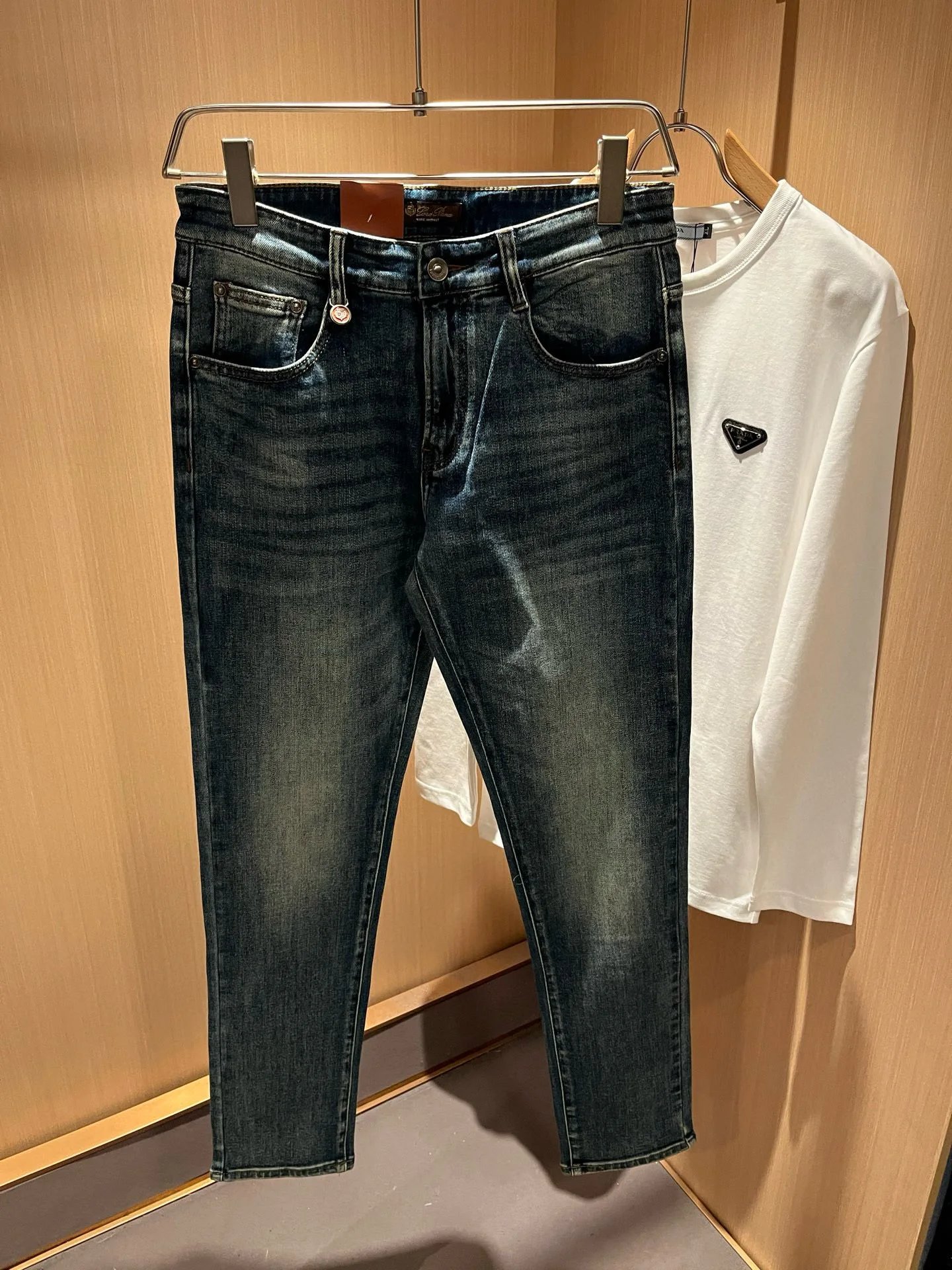 Prada Logo-Embellished White Long-Sleeve T-Shirt and Dark Wash Slim-Fit Jeans - 43