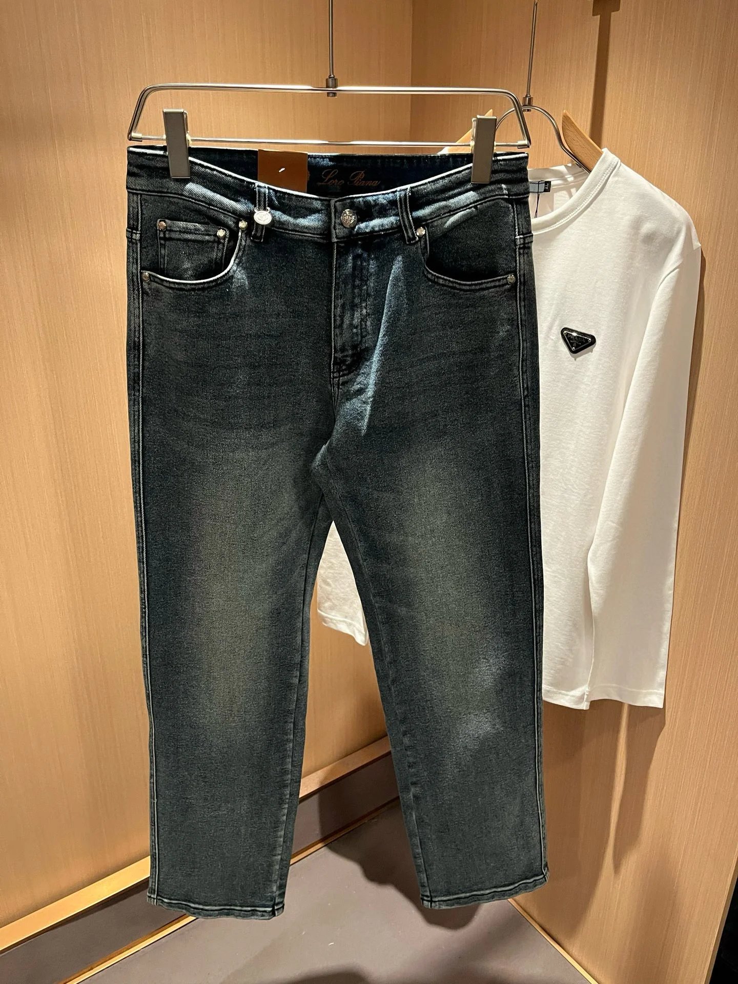 Prada Logo-Embellished White Long-Sleeve T-Shirt and Dark Wash Slim-Fit Jeans - 34