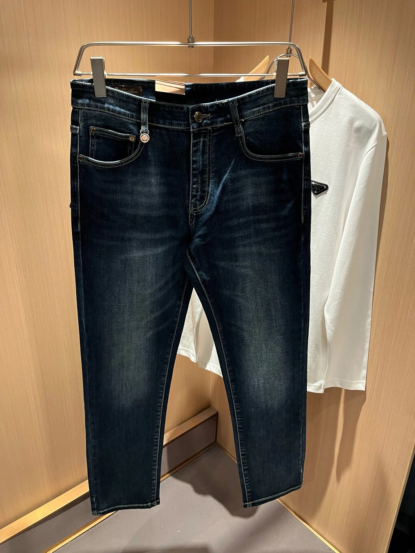 Prada Logo-Embellished White Long-Sleeve T-Shirt and Dark Wash Slim-Fit Jeans - 63