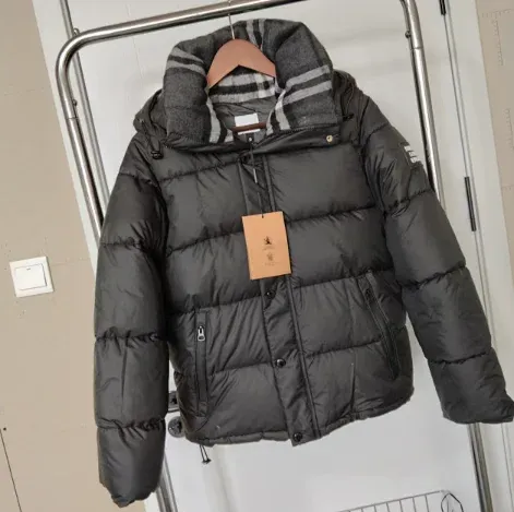 Burberry Hooded Down Jacket Black with Classic Check Collar - 1