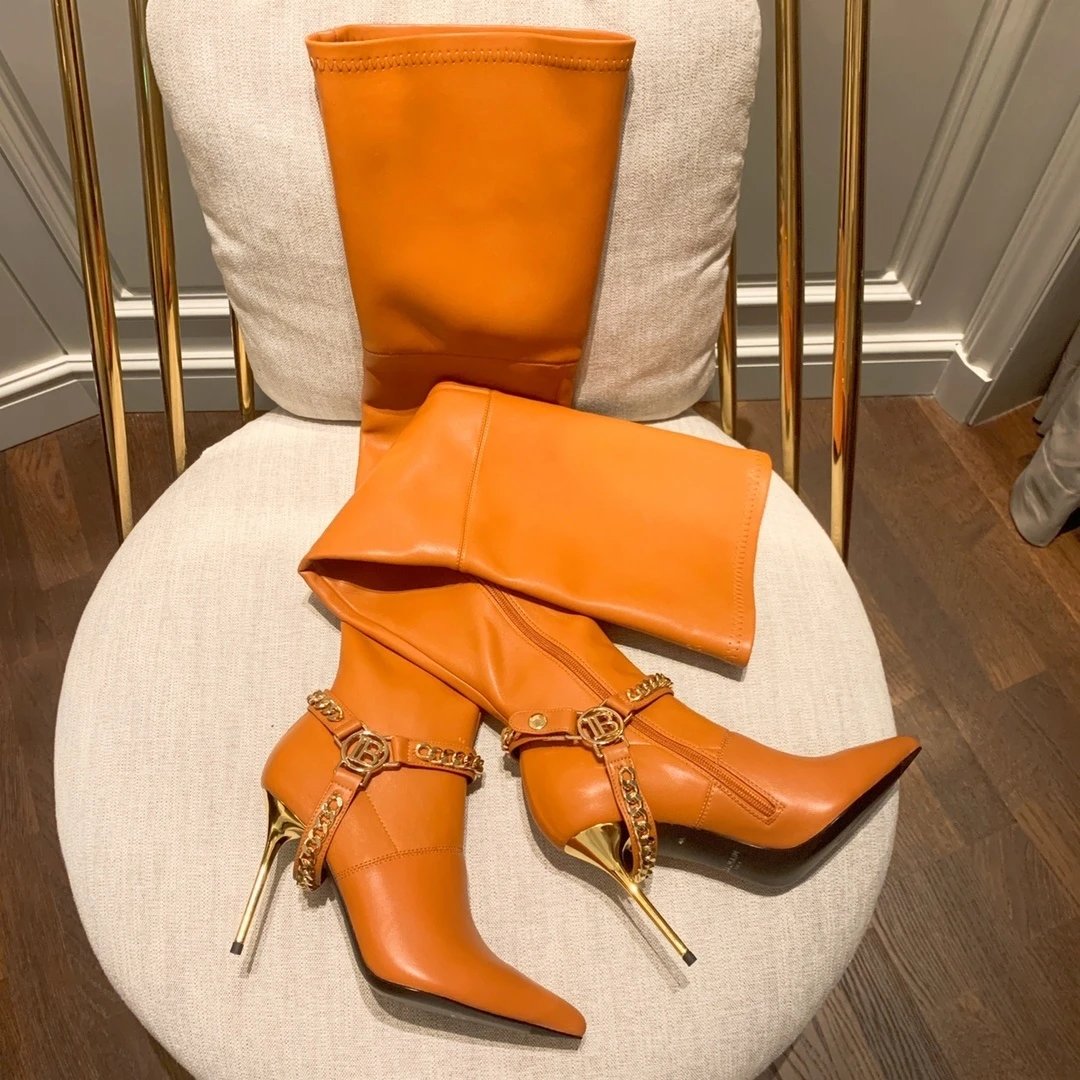 Balmain Orange Leather Over-the-Knee Stiletto Boots product photo 2