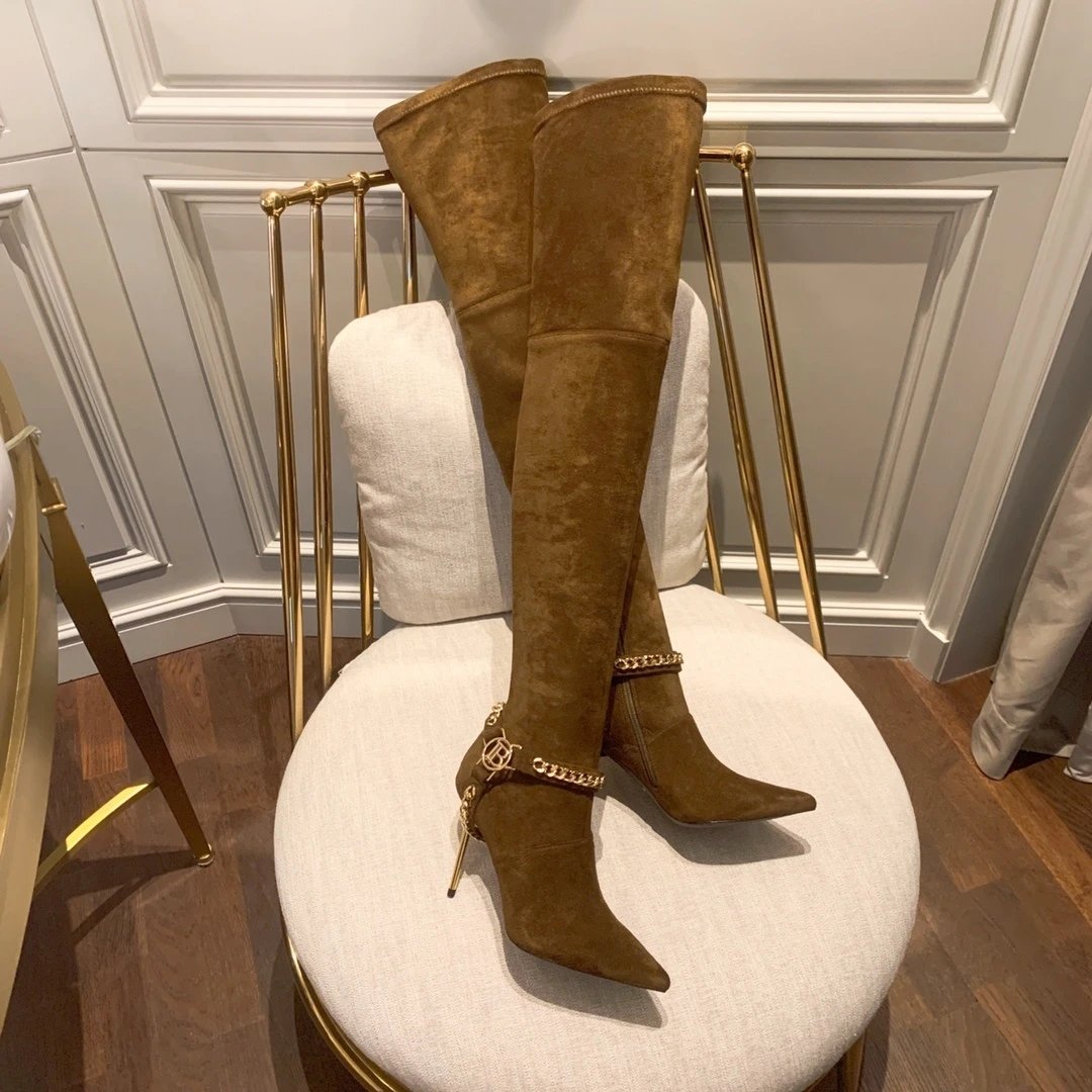Balmain Orange Leather Over-the-Knee Stiletto Boots