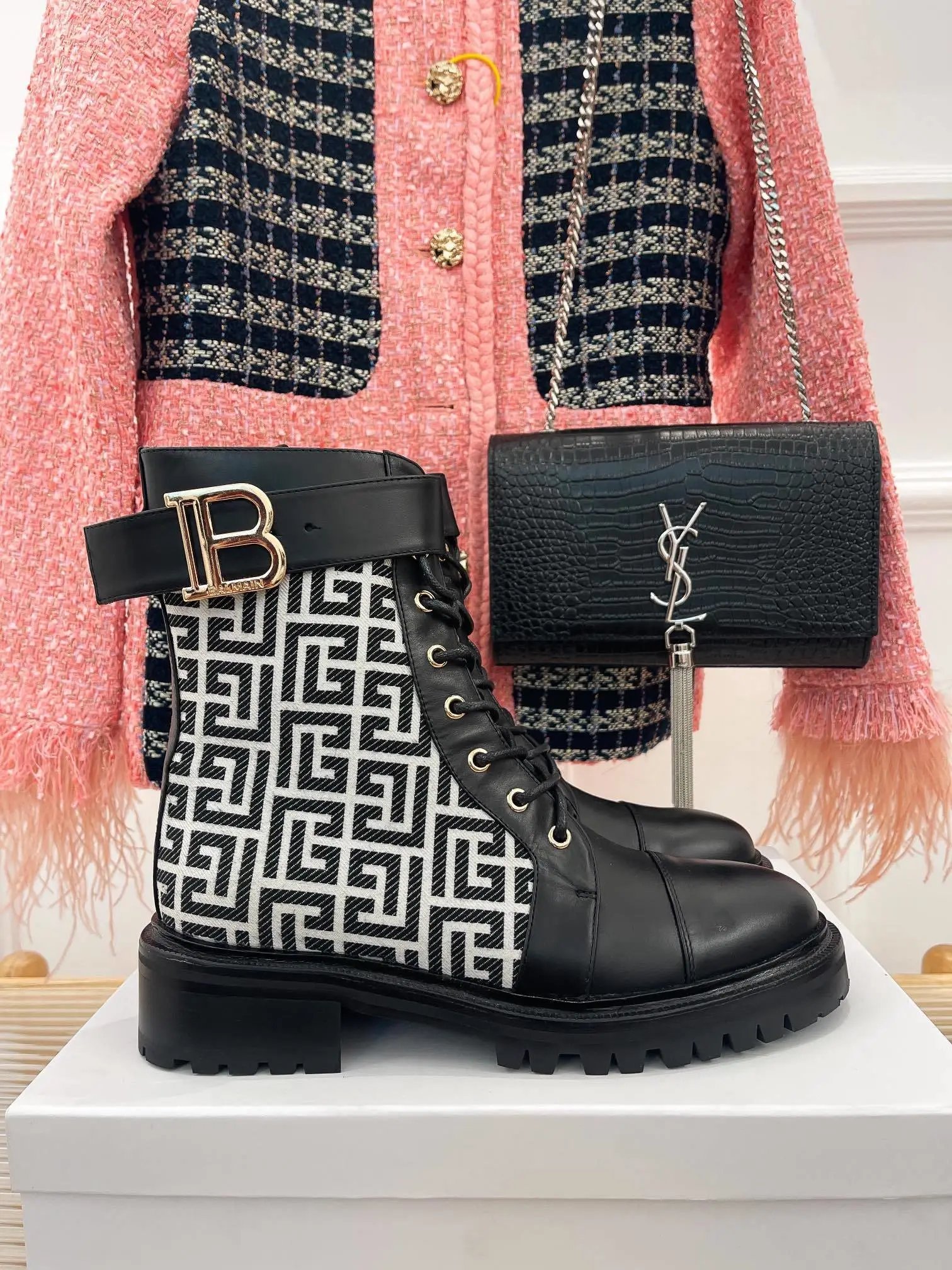 Balmain Balmain Black & White Monogram Combat Boots Black