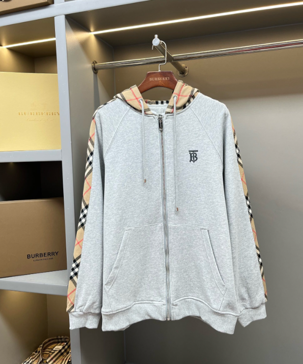 Burberry Check-Trim Hoodie Gray