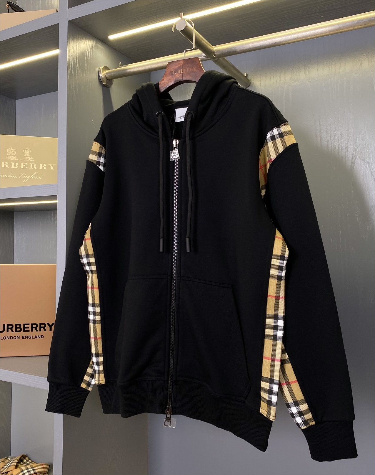 Burberry Check-Panel Full-Zip Hoodie Black