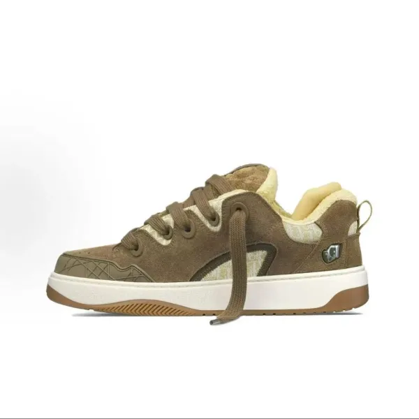 Design Low-Top Suede Sneaker with Fleece Lining Olive Brown Beige Sneakers - 1