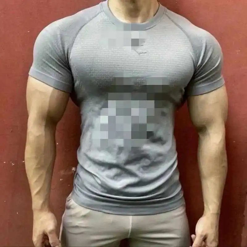 DX142] American show muscle sports round neck short-sleeved fitness tops training tight summer quick-drying elastic Slim men's T-shirt
