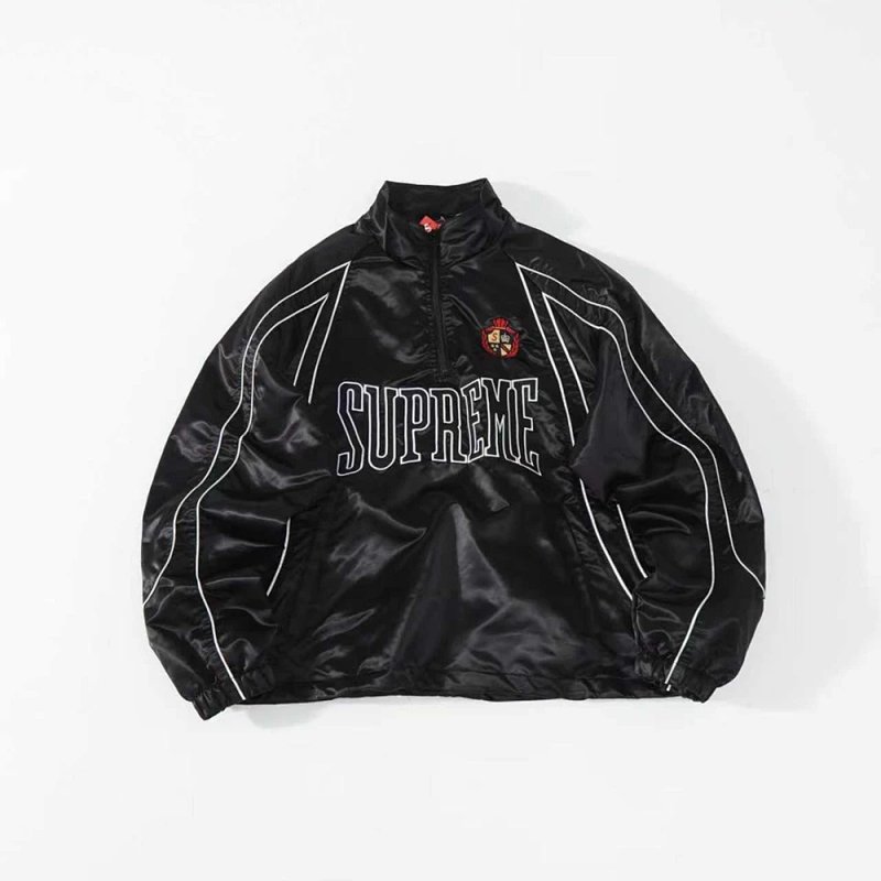 SS25 Satin Piping Pullover 胸前LOGO套头缎面刺绣半拉链外套卫衣    颜色：黑色 冰蓝  S-XL  CS105