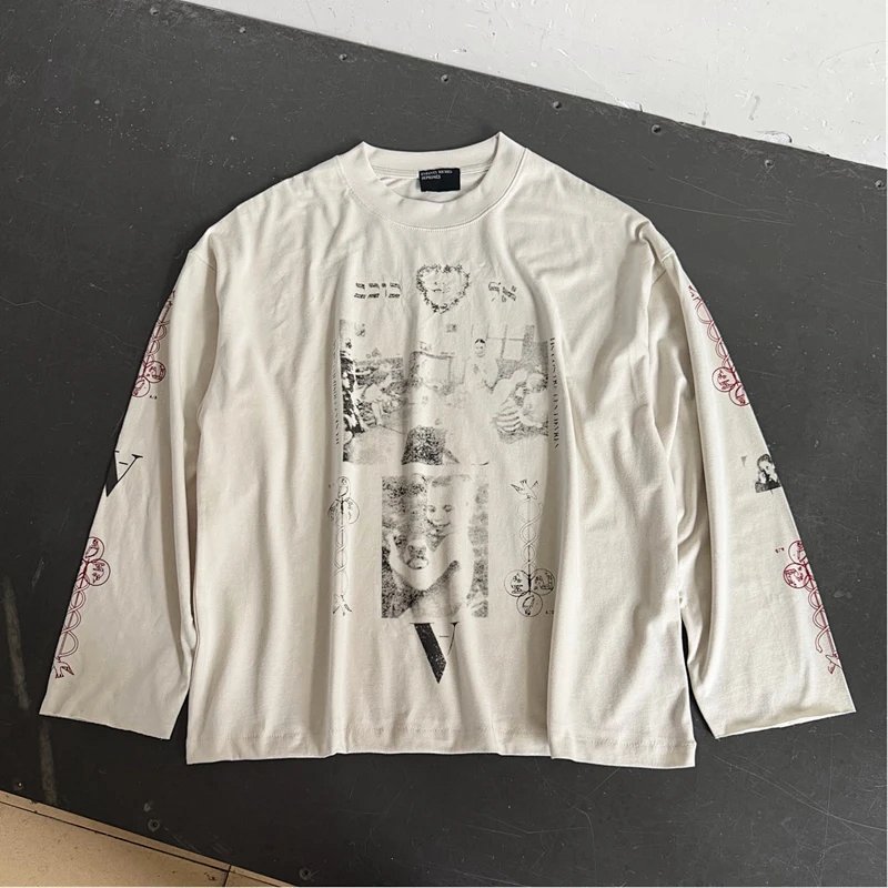 Enfants Riches Deprimes 复古人像宽领长袖T恤 尺码：S M L XL 颜色：帝旧杏  ERD8854