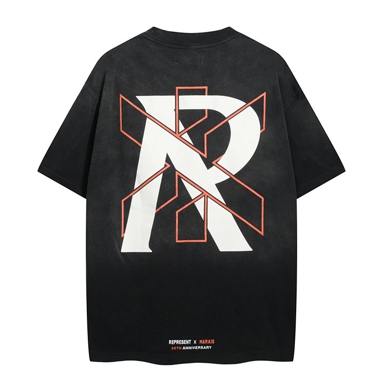 REPRESENT x MARAIS联名图腾logo短袖T恤 做旧黑 S-XL码  R3120#