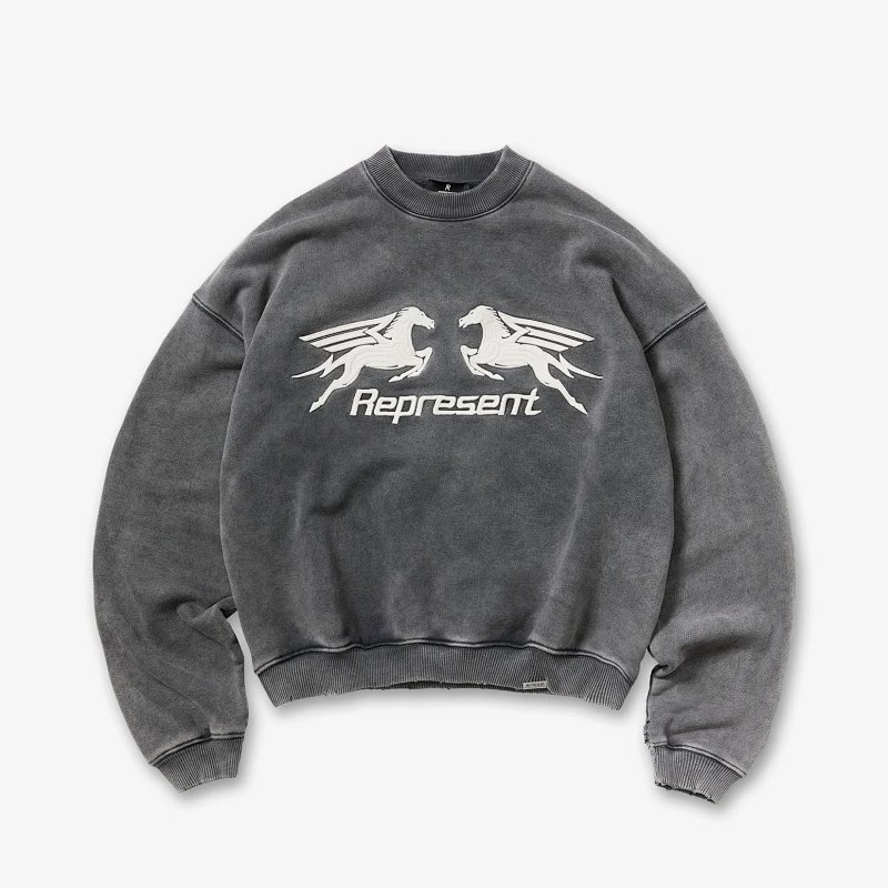 Represent双飞马刺绣圆领卫衣 尺码:S M L XL 颜色: 水洗黑 REPG9027
