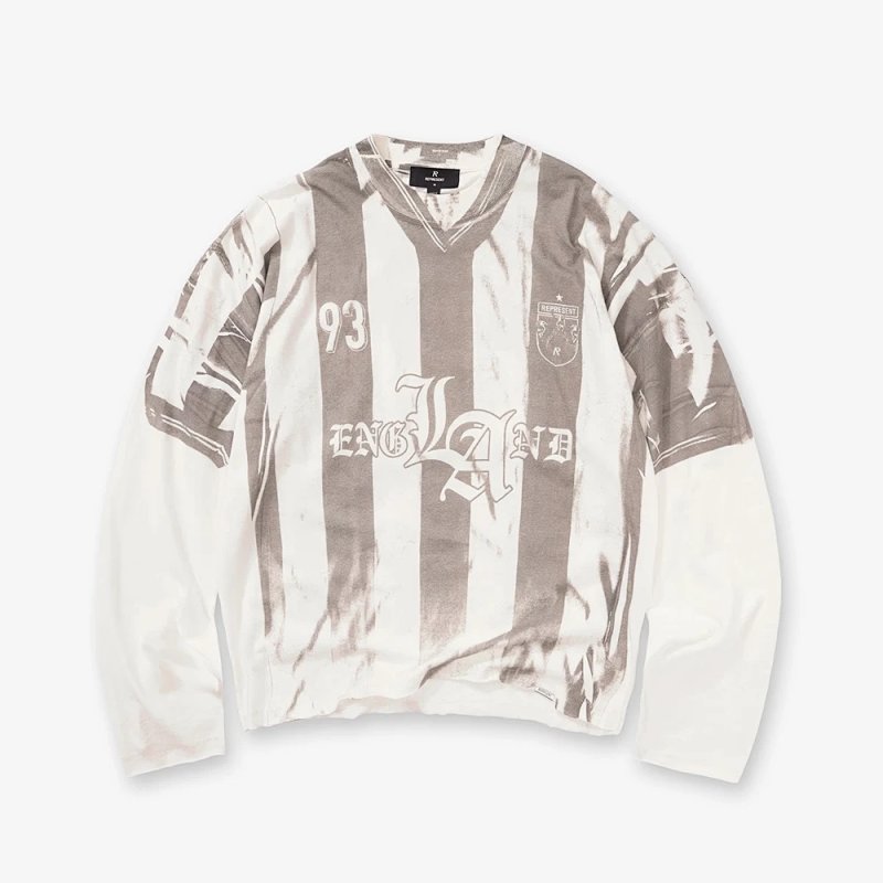 Represent 晕染英格兰条纹假两件长袖 93号复古球衣 尺码:S M L XL 颜色:米白色 REPG9862