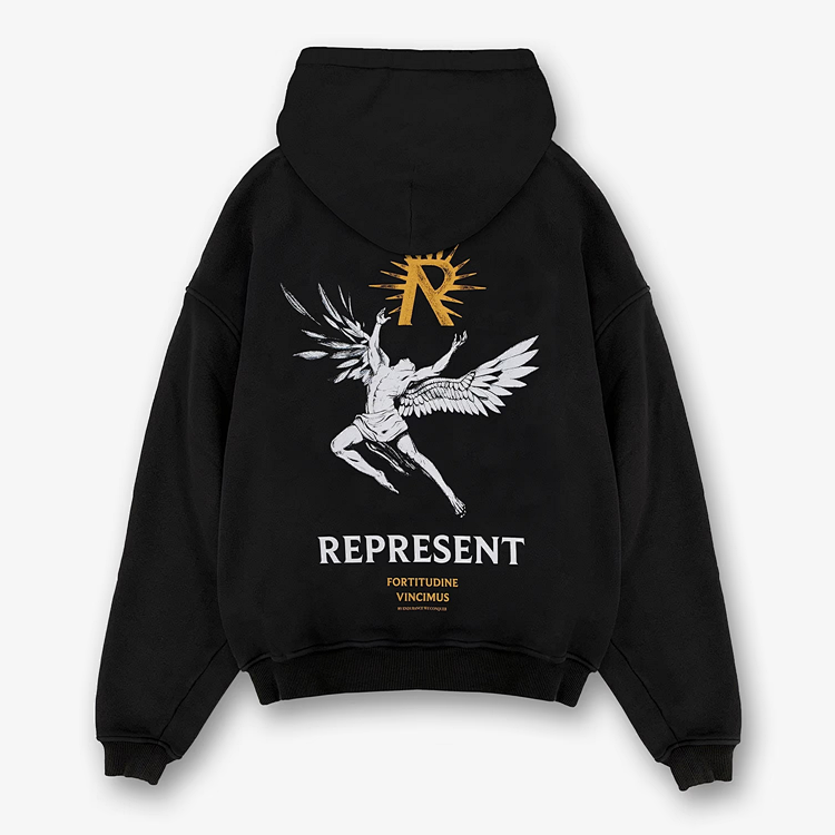 REPRESENT ICARUS HOODIE 美式复古希腊神话主题“伊卡洛斯”印花毛圈套头连帽卫衣  颜色：黑色 白色 尺码：S M L XL  REP218