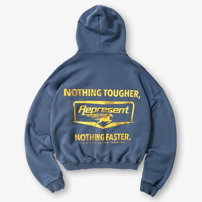 Represent飞马连帽卫衣 Nothing Faster复古龟裂印花短款水洗帽衫 尺码：S M L XL 颜色： 靛蓝色  REPG9023