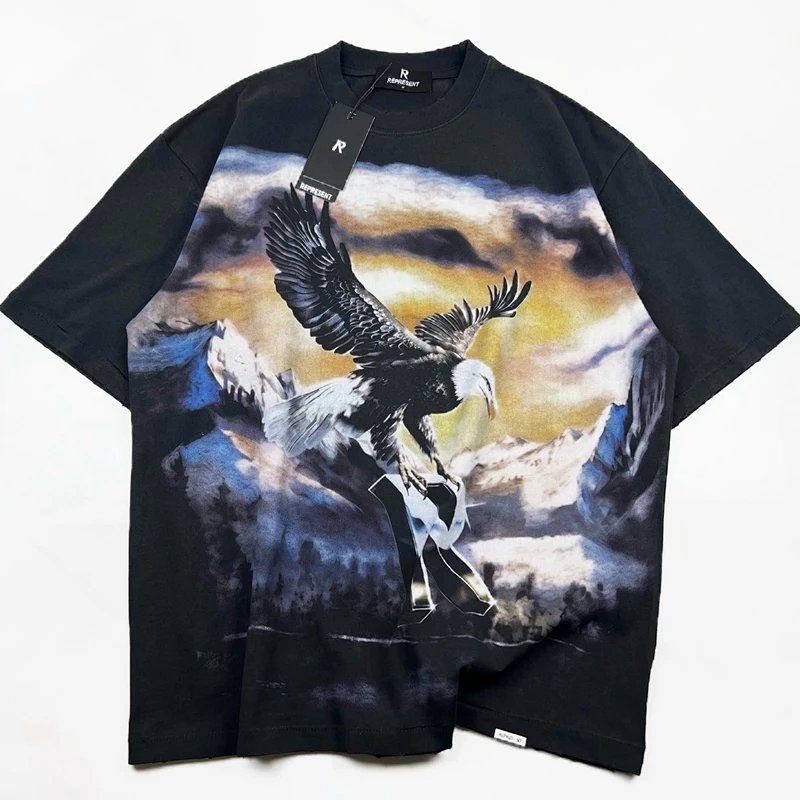 Represent 复古山脉老鹰重磅做旧T恤 尺码：S M L XL 颜色：黑灰色  REPG9851