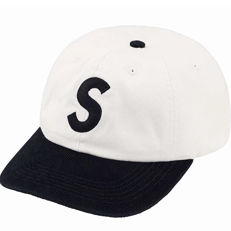 Sup 24SS 2-TONE S LOGO 6-PANEL复古拼色刺绣皮扣帽 洗水蓝 白 黑 红 卡其  H022