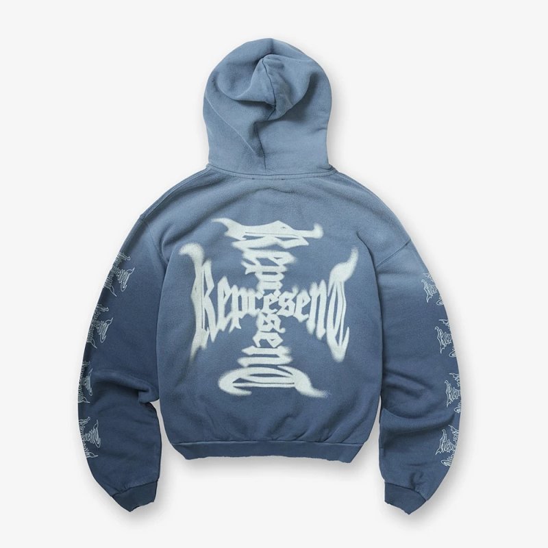 Represent哥特十字拉链Boxy 开衫连帽卫衣 尺码:S M L XL 颜色: 水洗蓝 REPG9028