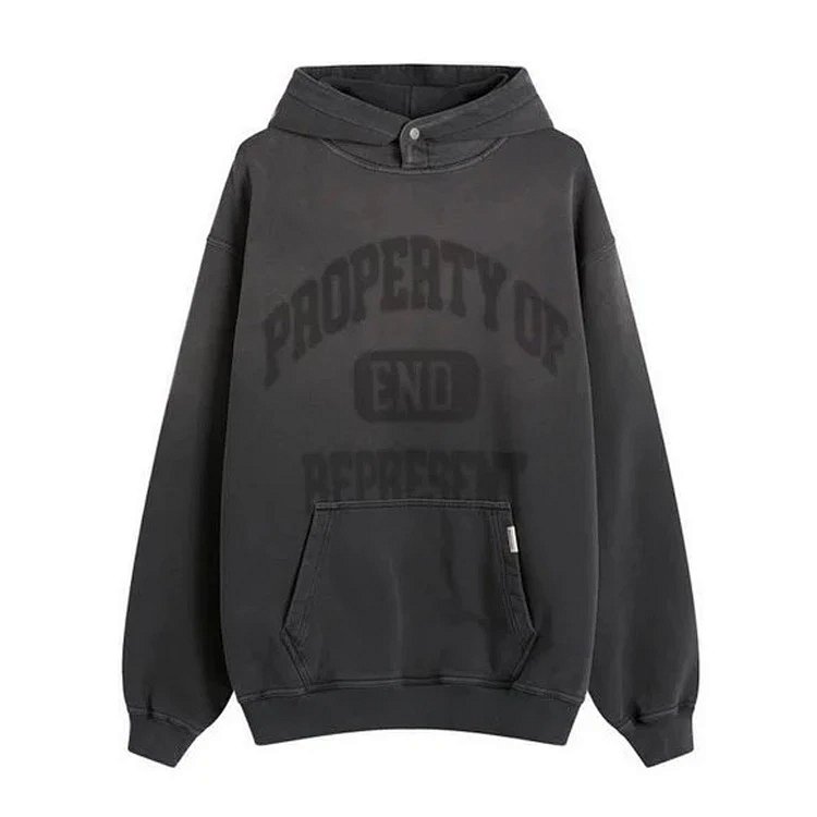 END. x Represent Property Of Hoodie 联名限定款水洗做旧logo印花连帽卫衣  颜色：水洗黑 尺码：S M L XL  REP226