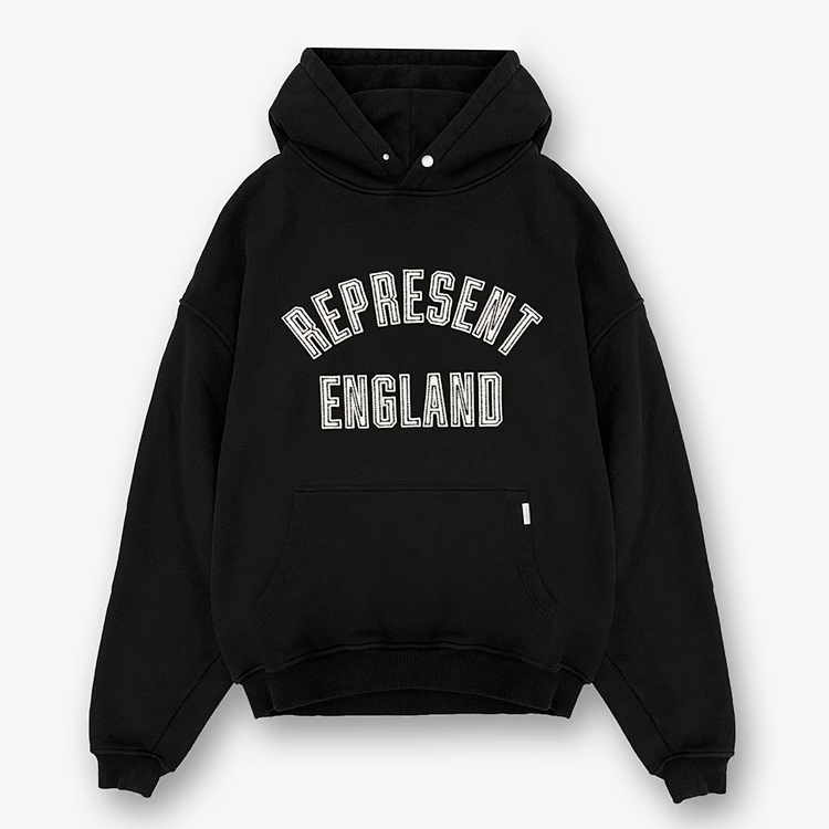REPRESENT ENGLAND APPLIQUE HOODIE 复古英文LOGO刺绣连帽毛圈卫衣  颜色：黑色 尺码：S M L XL  REP230