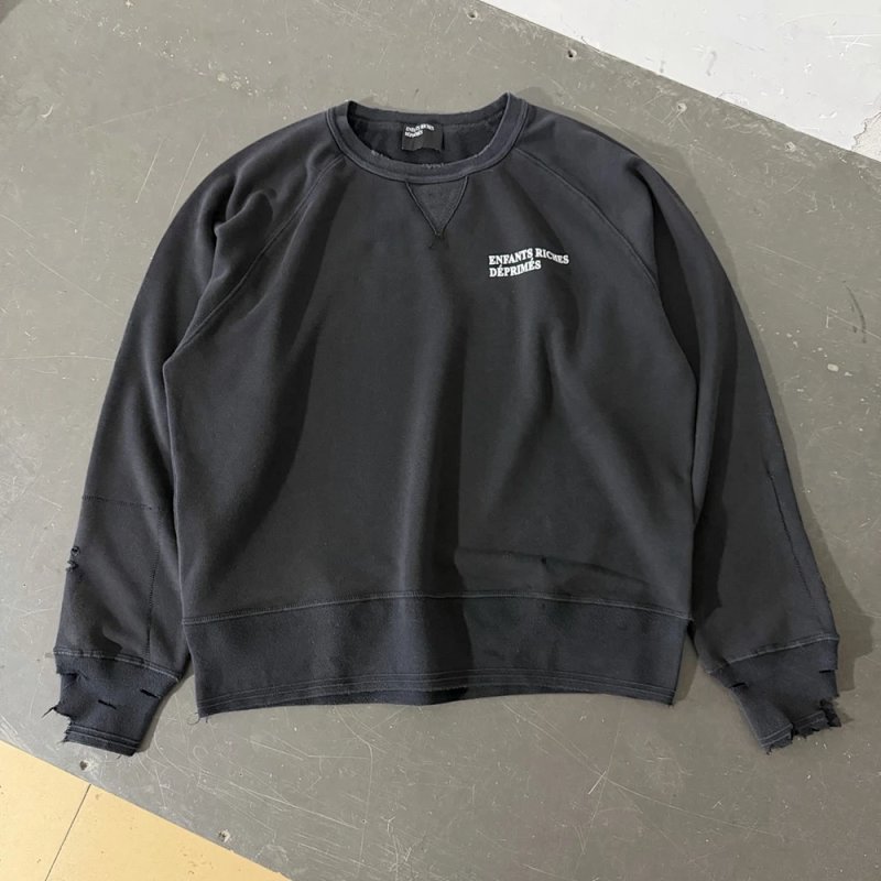 Enfants Riches Deprimes  “标语做旧磨破”无边拼接罗纹卫衣 尺码：S M L XL 颜色：水洗黑   ERD8865