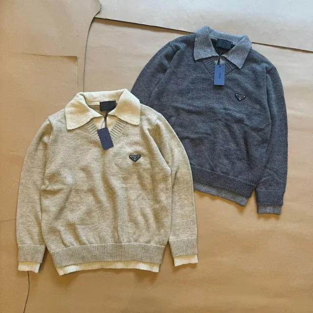 Prada Knitwear Collared knit sweater with triangle logo plaque product detail image 1
