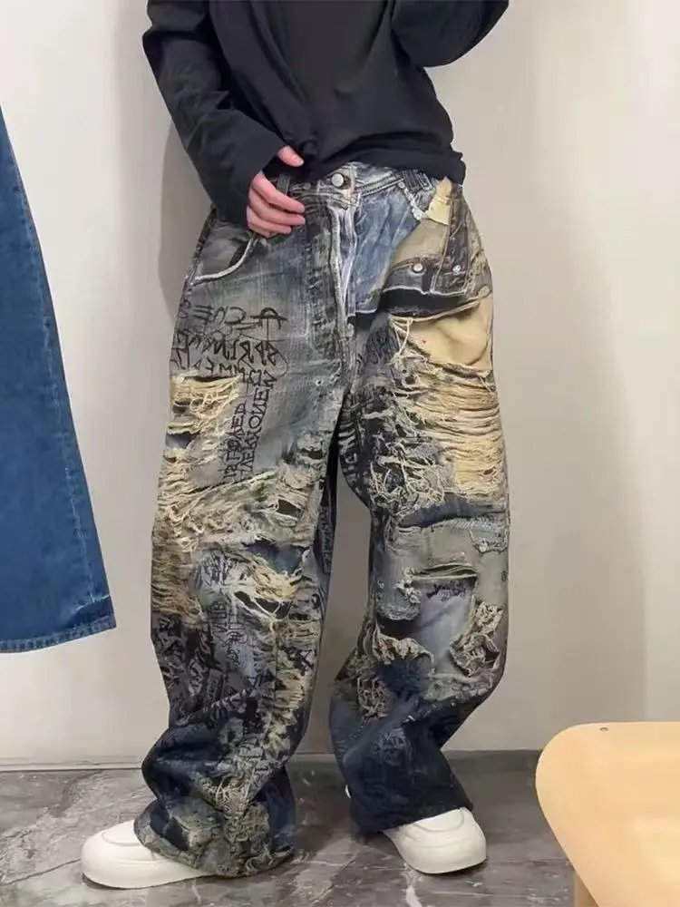 Blue Denim Wide Leg Distressed Jeans