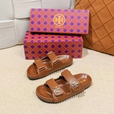 Tory Burch Slippers Double T Logo Flat Slide — Brown 2