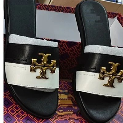 Tory Burch Slippers Double T Logo Flat Slide — Black and white