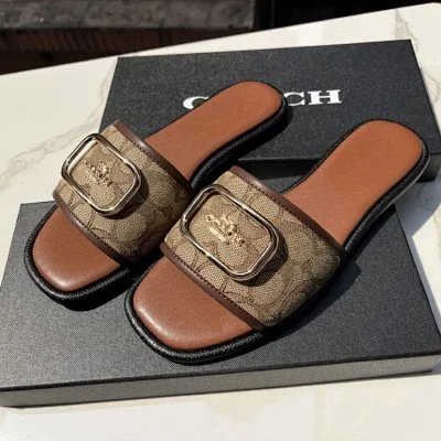 Tory Burch Slippers Double T Logo Flat Slide — Brown floral fabric