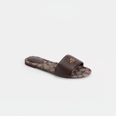 Tory Burch Slippers Double T Logo Flat Slide — SKU-05-Dark Brown