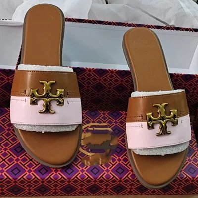 Tory Burch Slippers Double T Logo Flat Slide — Brown pink