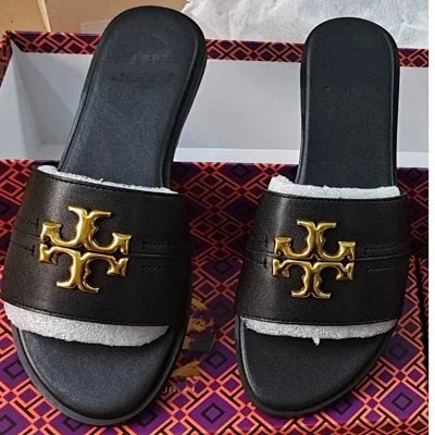 Tory Burch Slippers Double T Logo Flat Slide — black