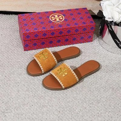 Tory Burch Slippers Double T Logo Flat Slide — Brown