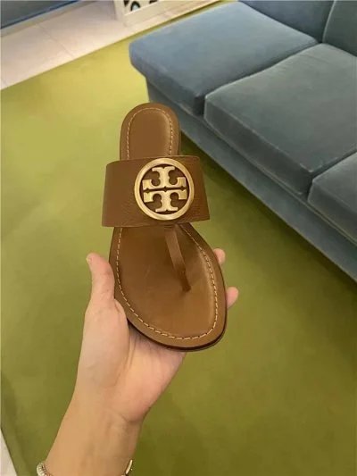 Tory Burch Slippers Double T Logo Flat Slide — Brown 3