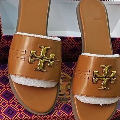 Tory Burch Slippers Double T Logo Flat Slide — Light brown