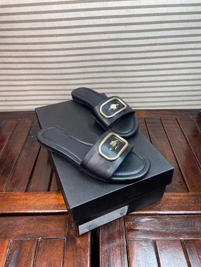 Tory Burch Slippers Double T Logo Flat Slide — SKU-07-Black with Gold Buckle