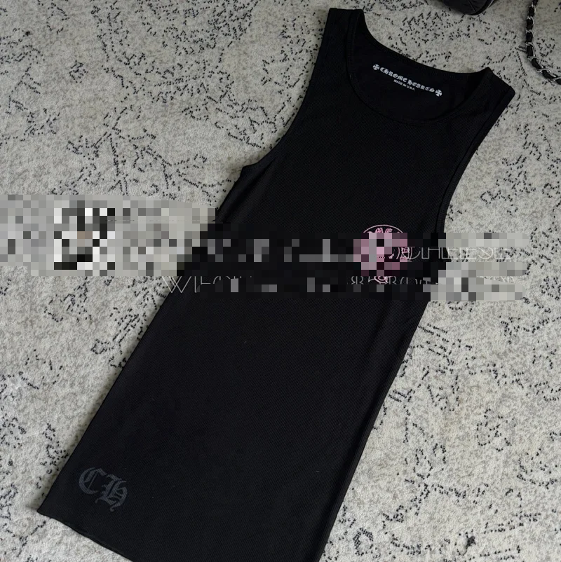 Chrome Hearts Black Ribbed Tank Dress with Pink Logo