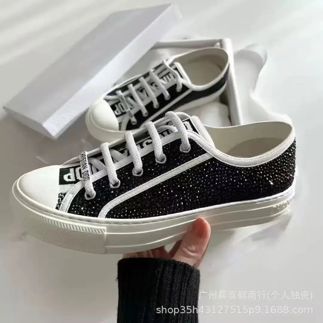 Unbranded Sneakers Low-top lace-up platform canvas with embroidered letter-pattern panels — Flat bottom 215