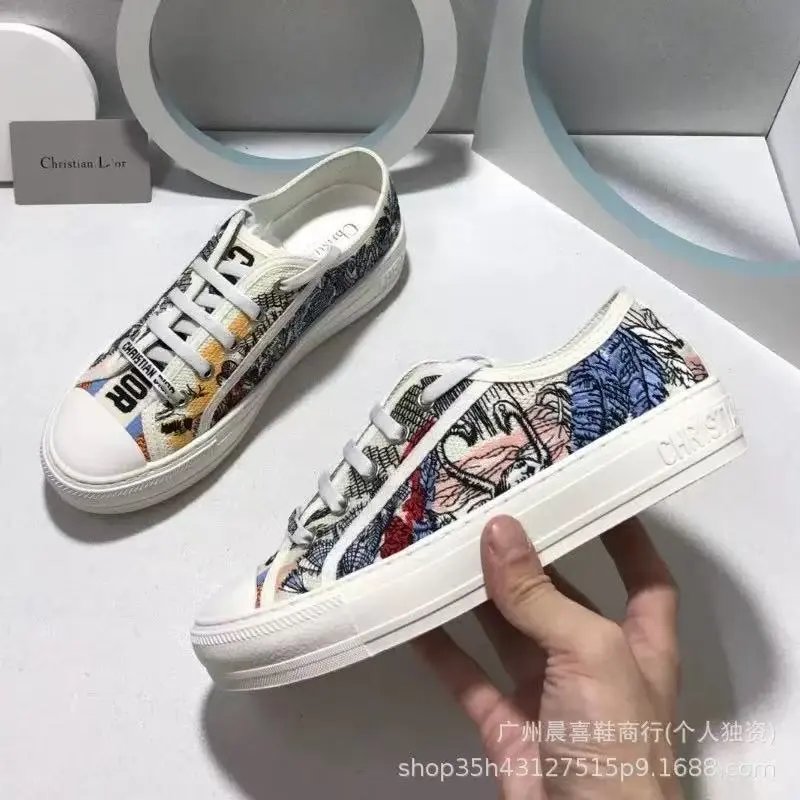 Unbranded Sneakers Low-top lace-up platform canvas with embroidered letter-pattern panels — Flat bottom 9