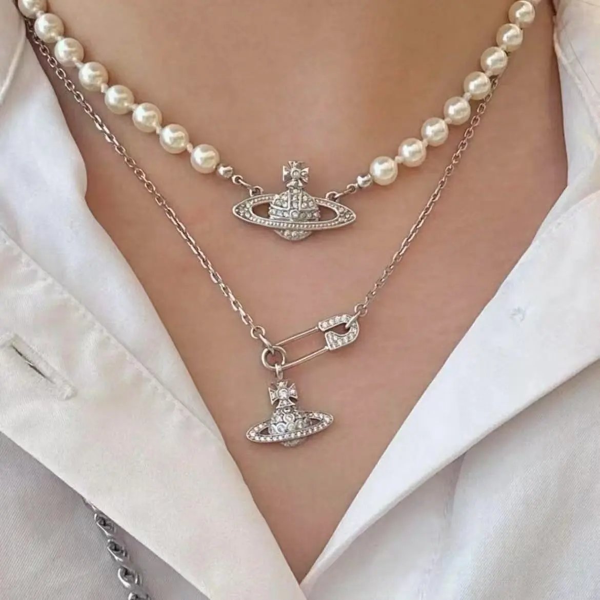 Vivienne Westwood Jewelry Crystal Orb Safety Pin Necklace — 39