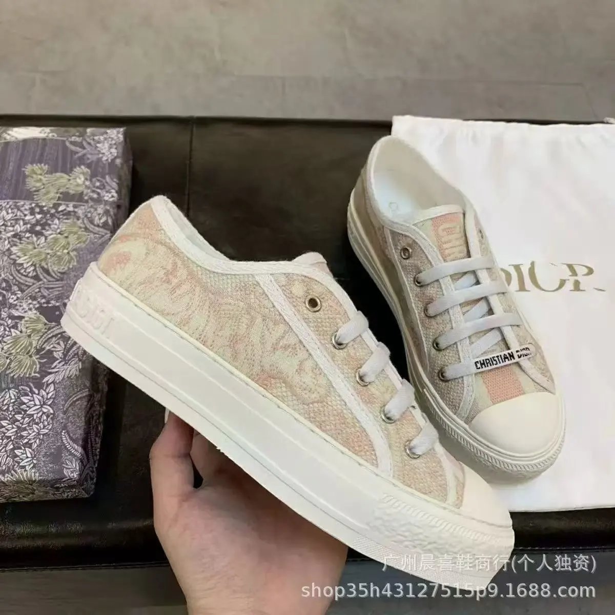 Unbranded Sneakers Low-top lace-up platform canvas with embroidered letter-pattern panels — Flat bottom 6