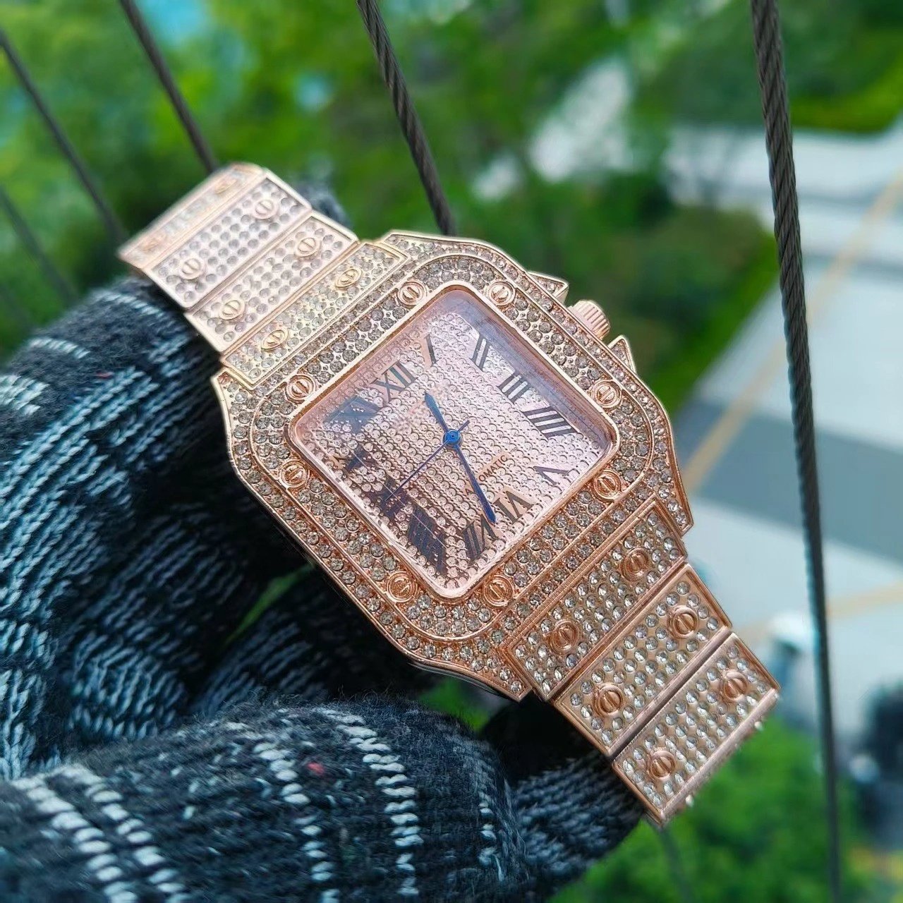 Cartier Santos de Cartier Medium Rose Gold Iced Out WGSA0010